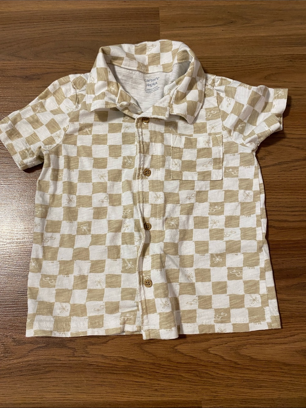 ✨8/$10. Carter's Beige & White Check Short Sleeve Button-Up Shirt. 4T